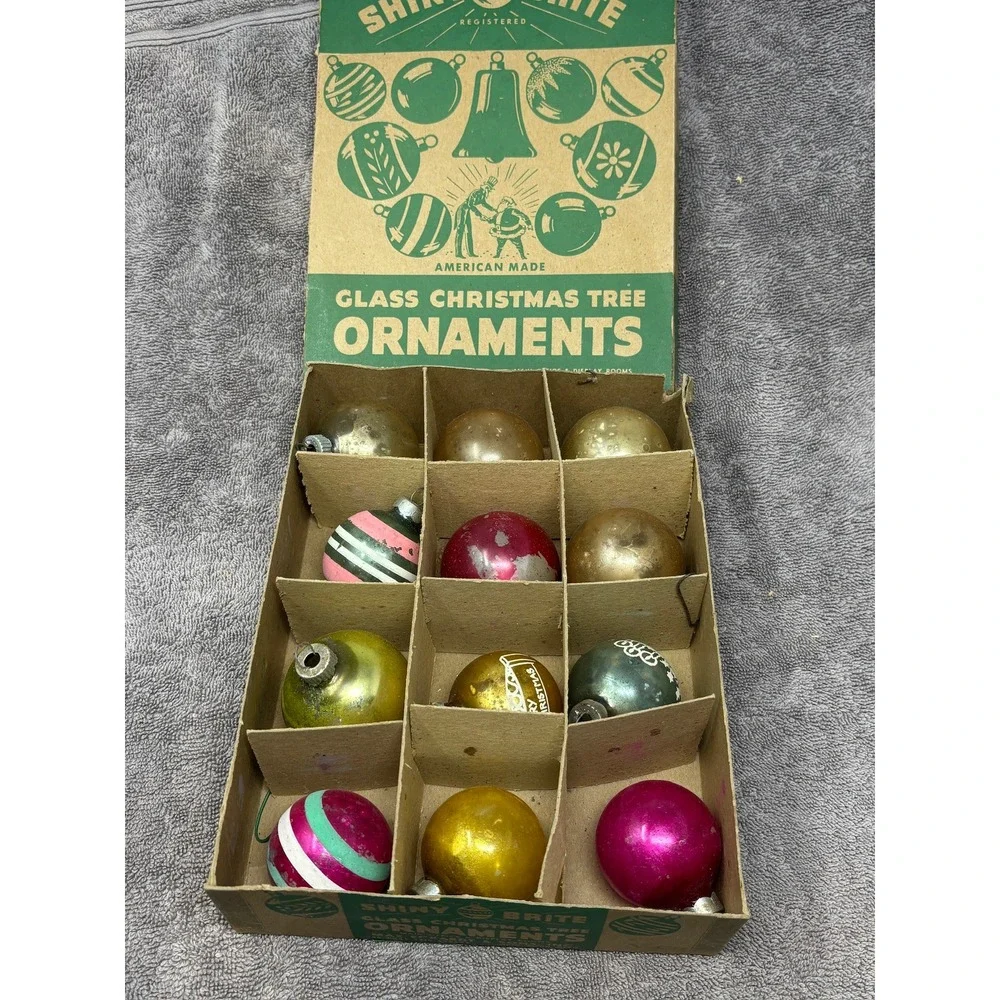 Vintage Shiny Brite Glass Christmas Ornaments 12pc MCM USA Original Box